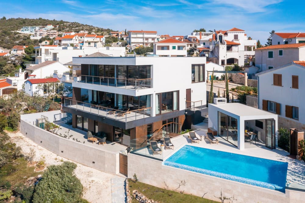 Rogoznica 6 villa night exterior with architectural lighting and pool, Rogoznica, Croatia