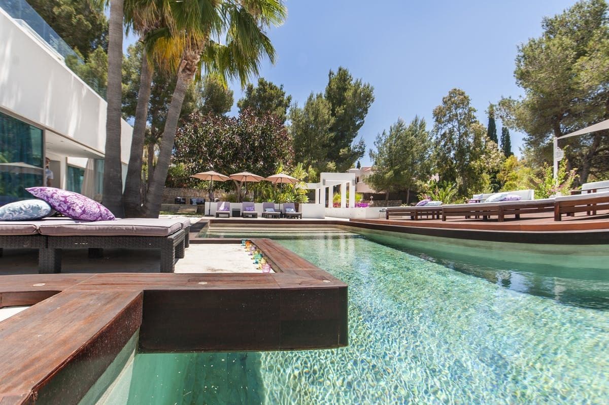 Dark timber deck and narrow infinity pool surrounded by pine trees