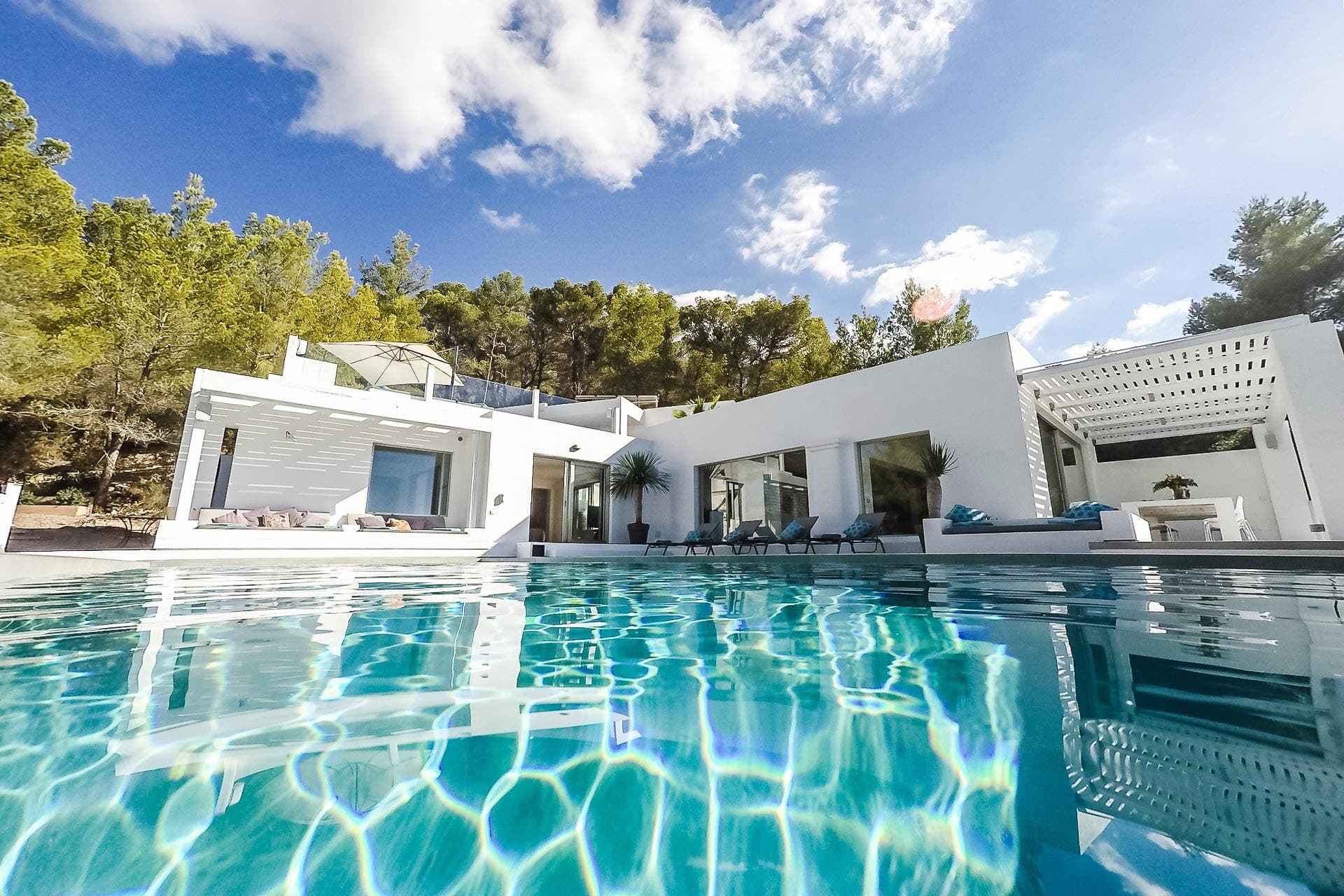 Swimming pool beside the white villa set among pines at Between Pines, Ibiza