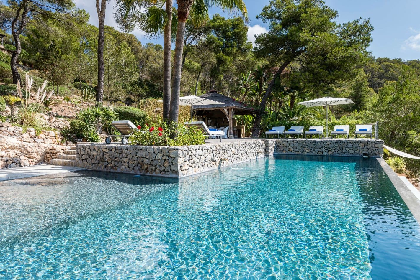 Stone-edged swimming pool surrounded by pine trees and sun loungers