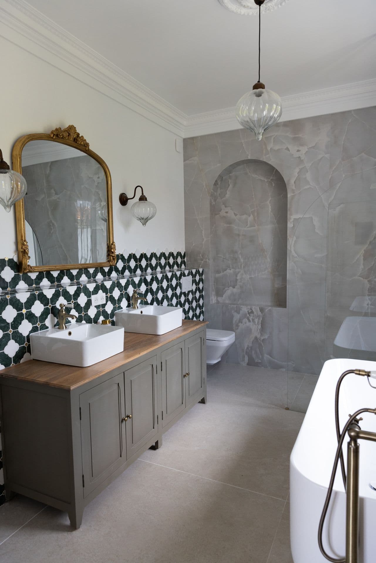 En-suite with a double vanity and patterned monochrome tiles at Cote D'Azur Sunshine, Antibes