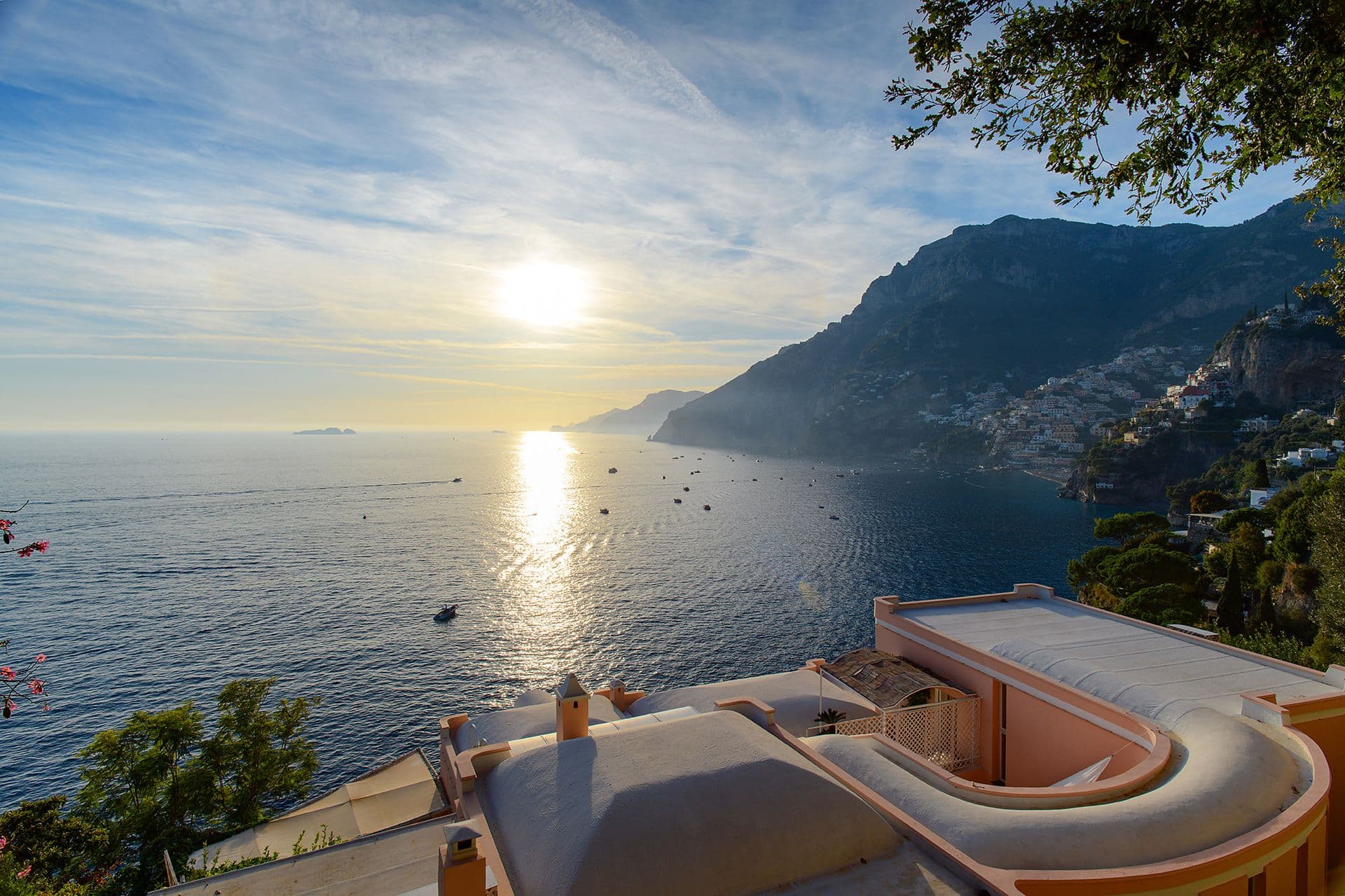 Terrace and hot tub at sunset along the Amalfi coastline