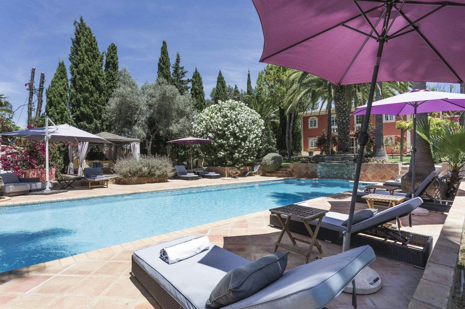 Swimming pool with loungers and parasols framed by palms at Your Algarve Oasis, Quinta do Lago