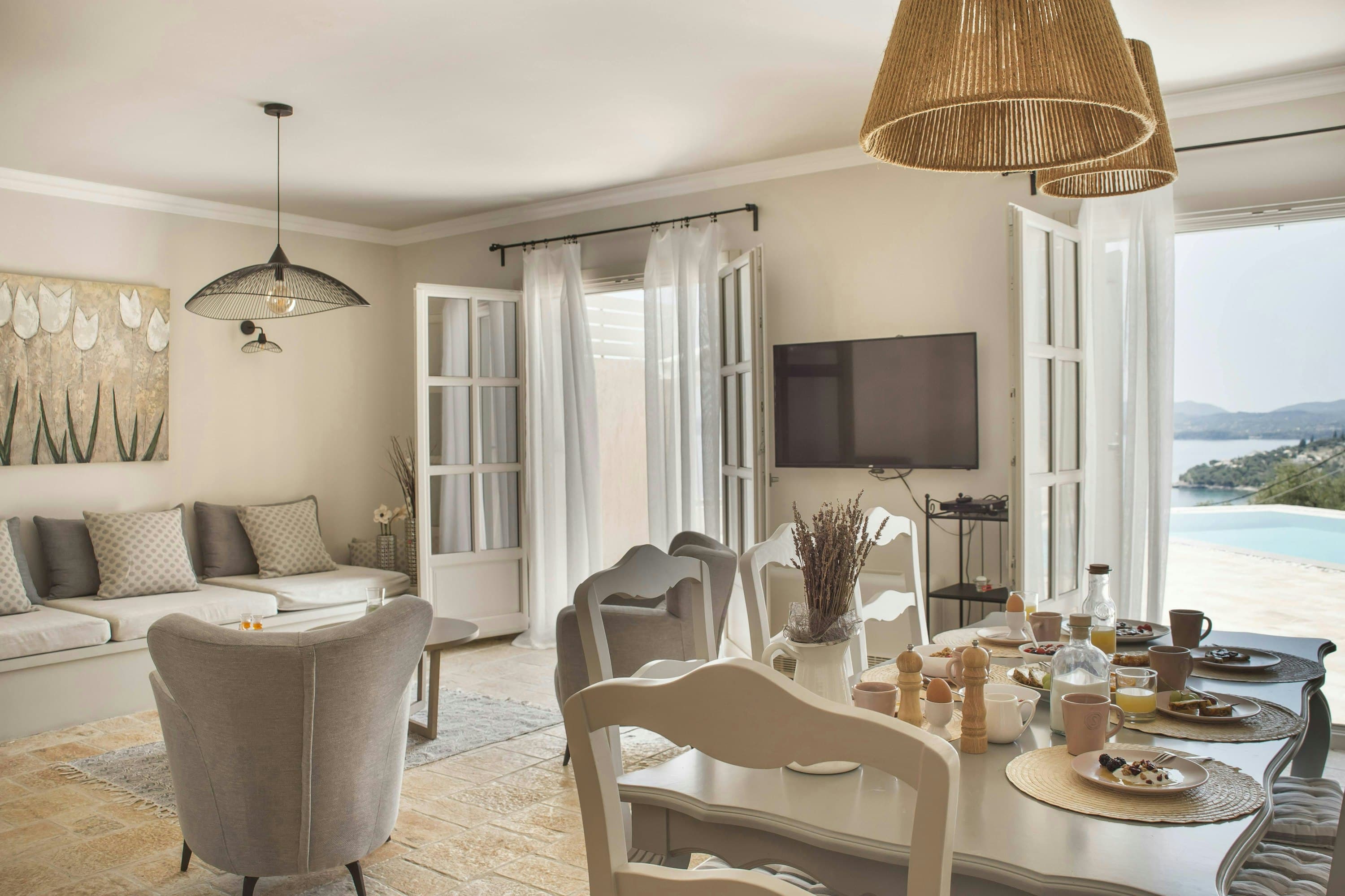 Quiet Sun open-plan living room with sea views, Barbati, Ionian Islands, Greece