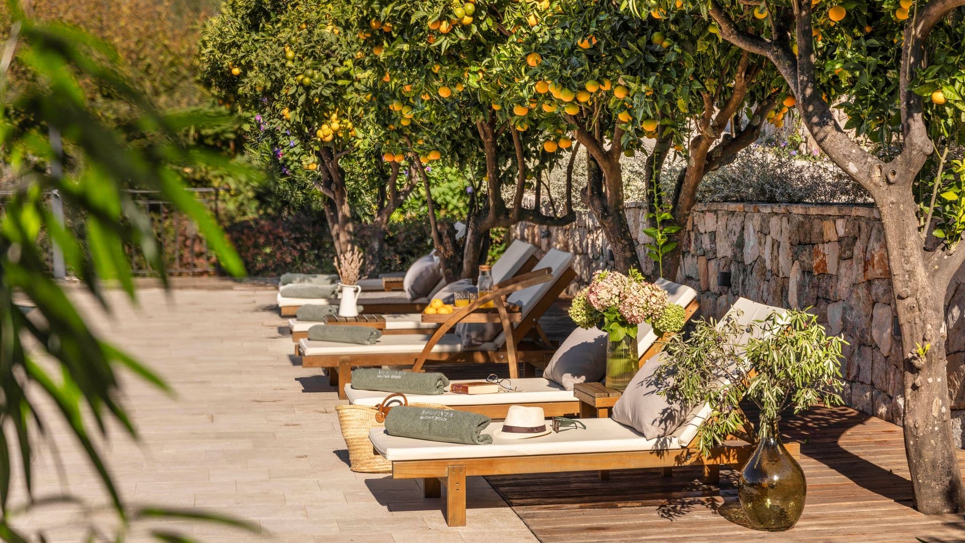 Timber loungers shaded by orange trees on a stone terrace at Aria to the Adriatic, Croatia