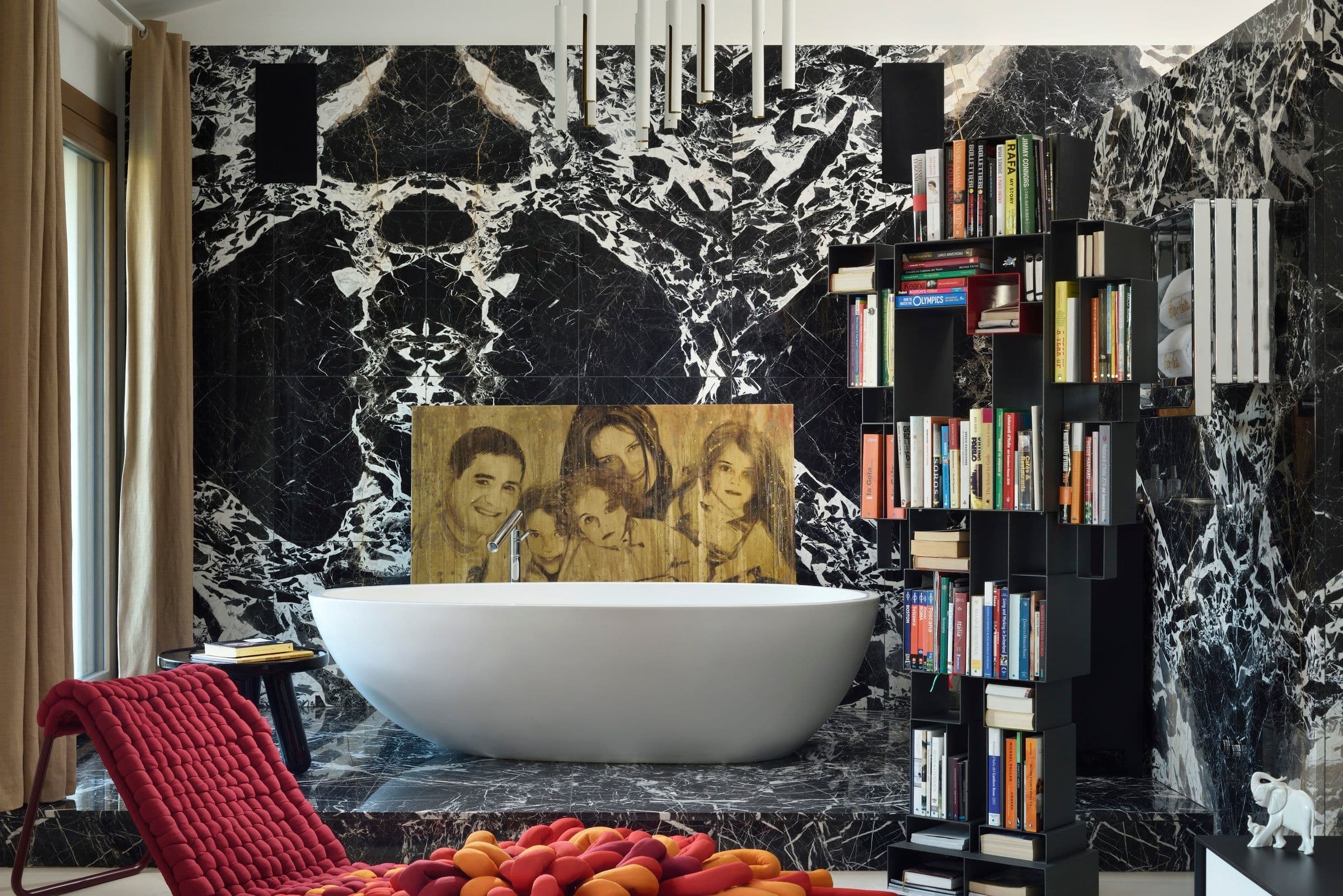 Villa Oblò master bathroom with black marble and freestanding tub, Forte dei Marmi, Tuscany, Italy
