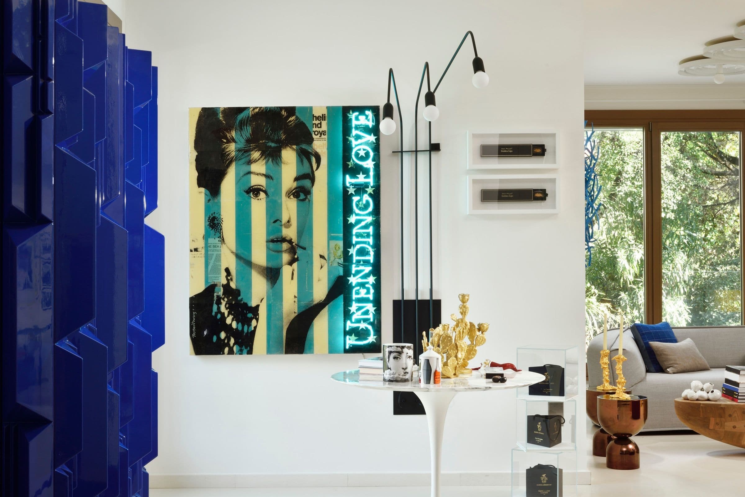 Villa Oblò entrance foyer with blue cabinet and marble flooring, Forte dei Marmi, Tuscany, Italy