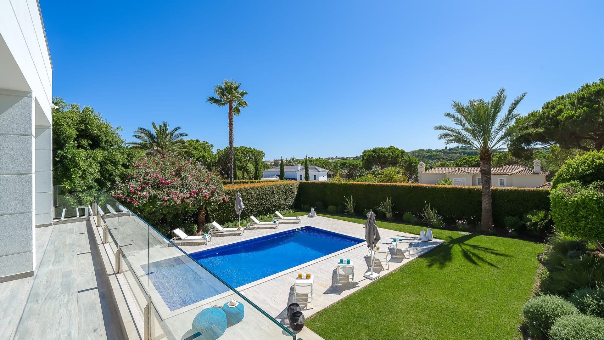 Pool terrace framed by a glass balustrade and tall palm trees