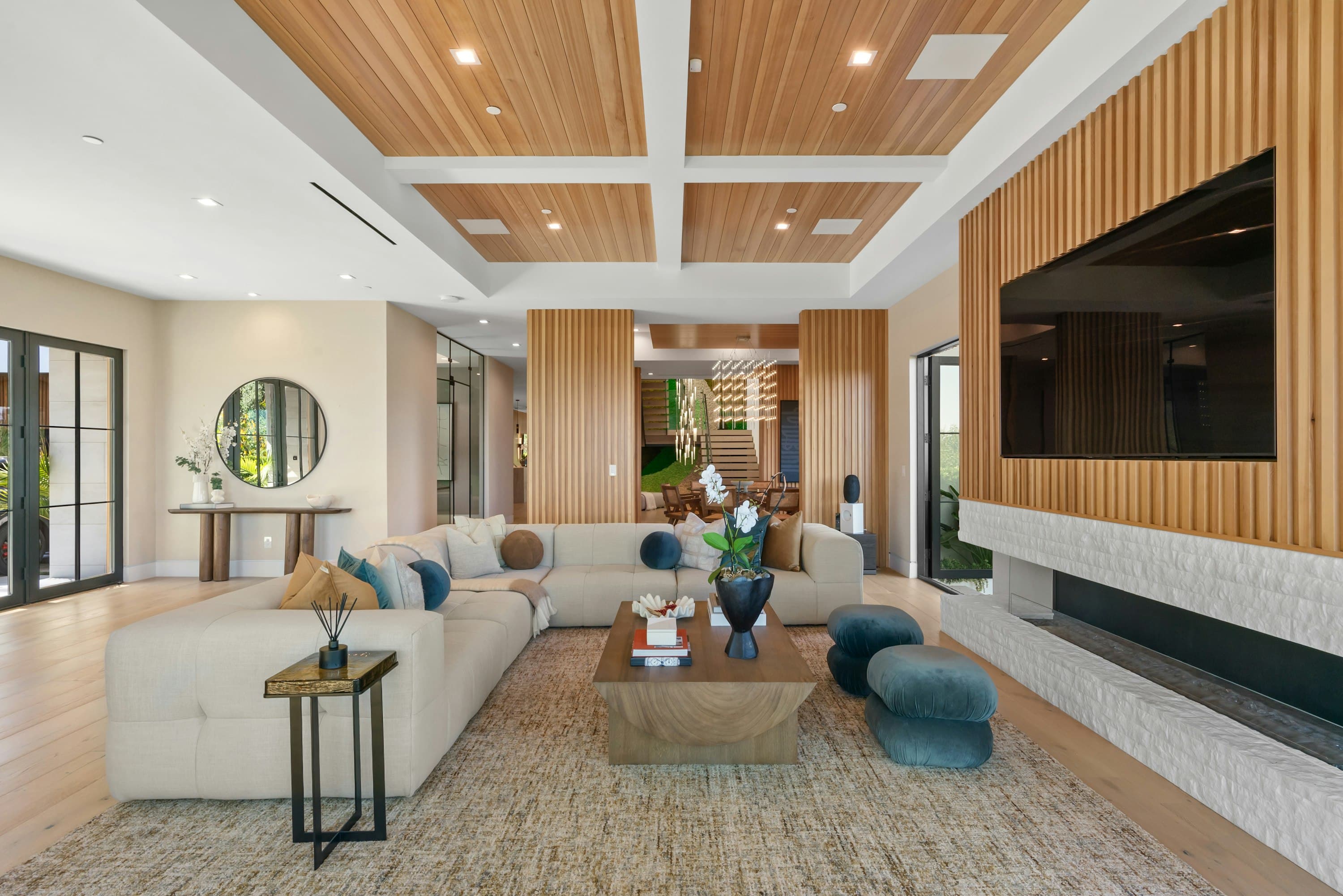 Bel-Air Oasis living room with coffered ceiling and fireplace, Los Angeles, California