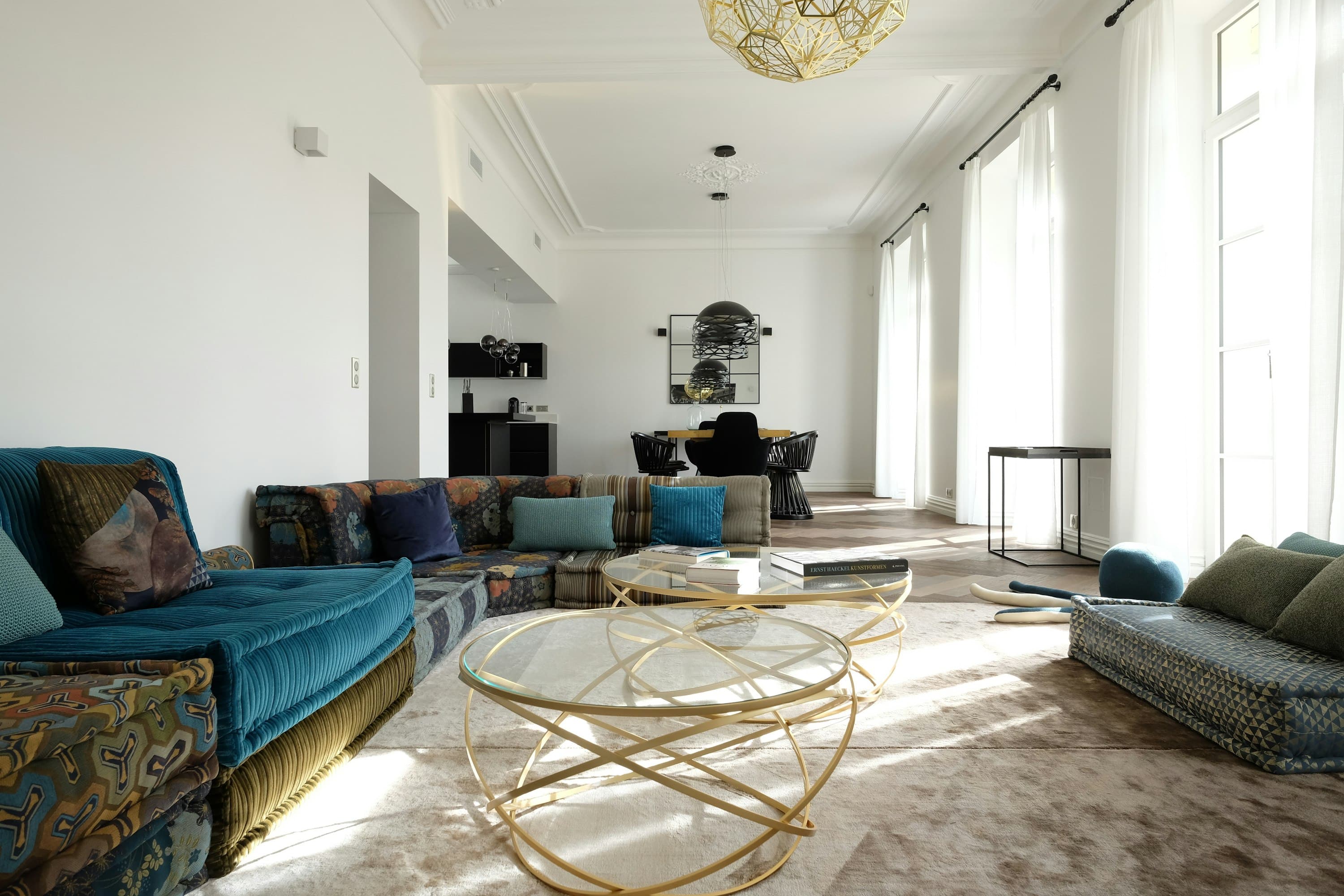 French Chardonnay living room with designer furnishings and geometric tables, Cannes, French Riviera, France