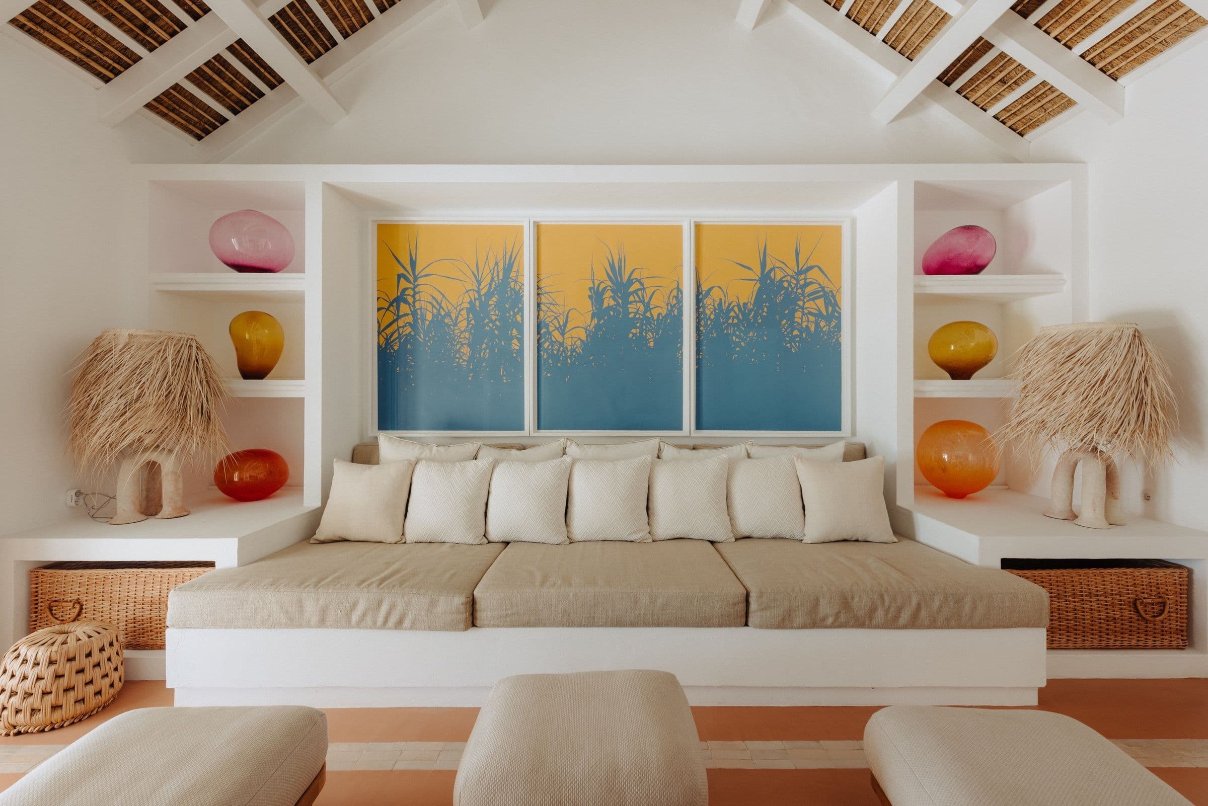 Villa Harmonia da Comporta living room with cane ceiling and built-in seating, Comporta, Portugal