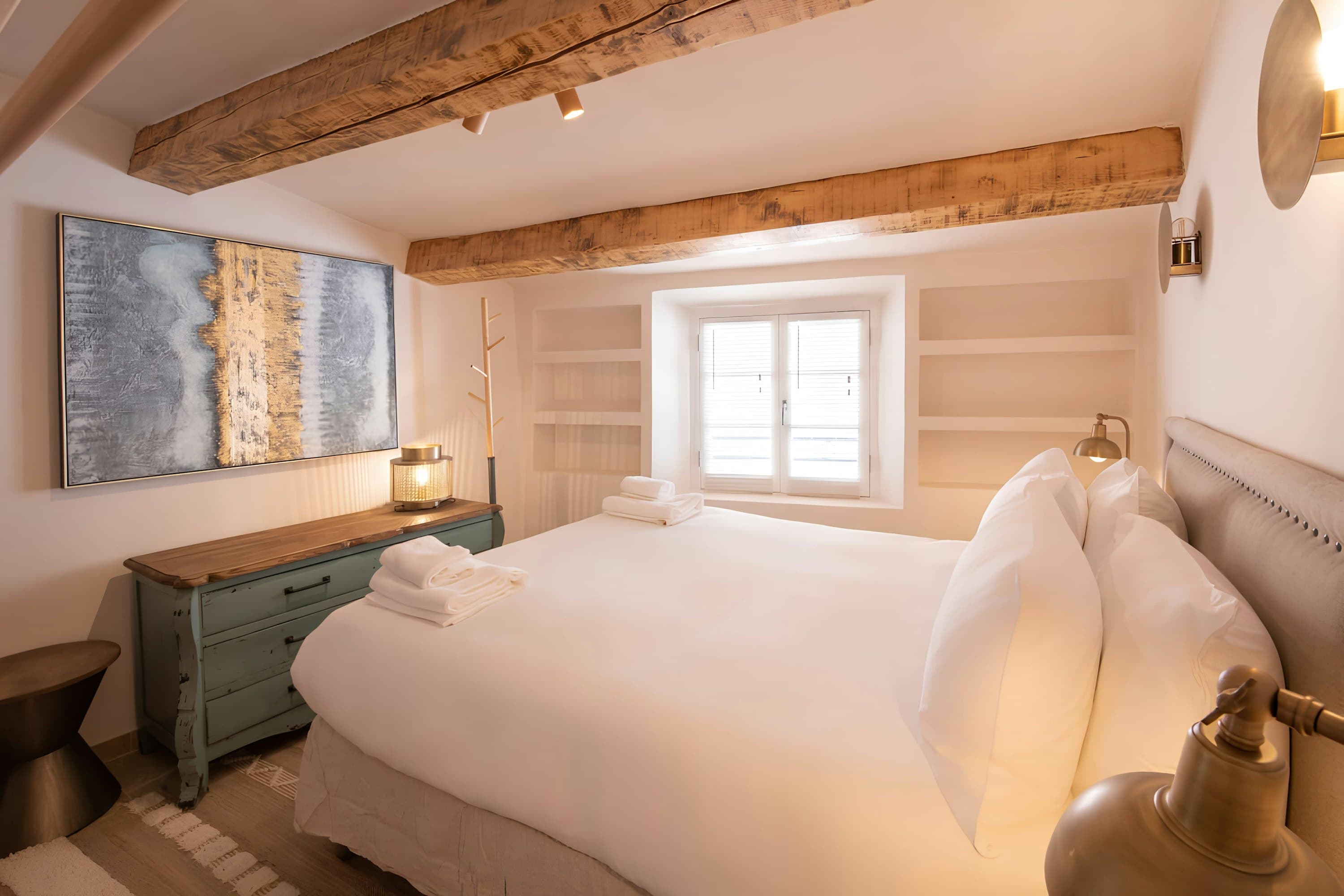 Saint Tropez Serenity master bedroom with exposed beams, Saint-Tropez, French Riviera, France