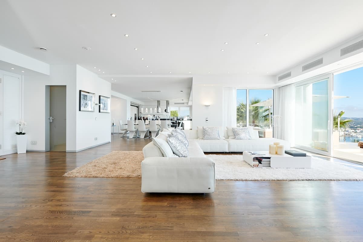 Blue Sea Bliss modern living room with ocean views, Santa Eulària des Riu, Balearic Islands, Spain
