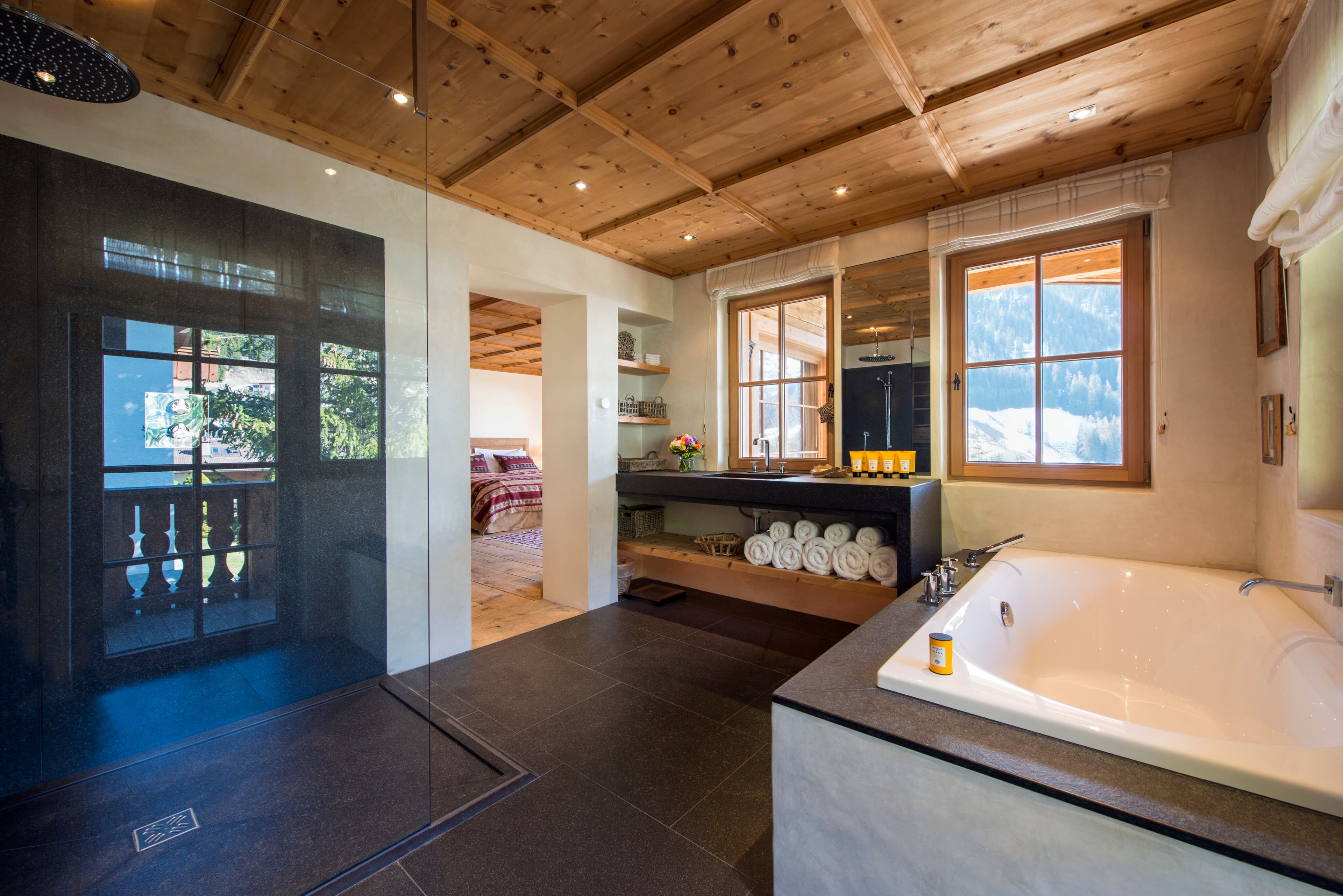 Chalet Maria Schnee master bathroom with mountain views, Sankt Anton, Austrian Alps, Austria