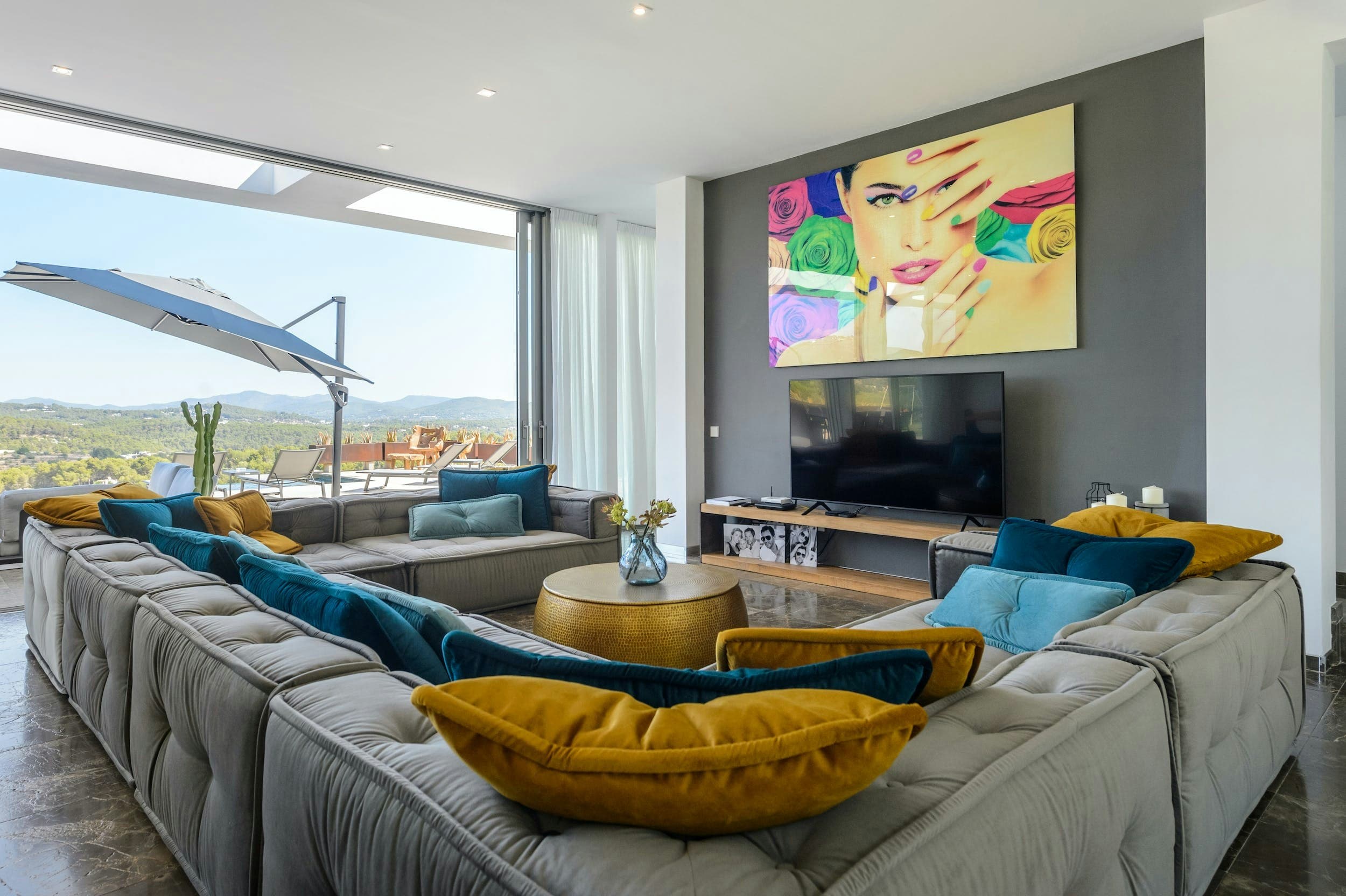 Infinity Hills living room with contemporary furnishings, Santa Eulària des Riu, Balearic Islands