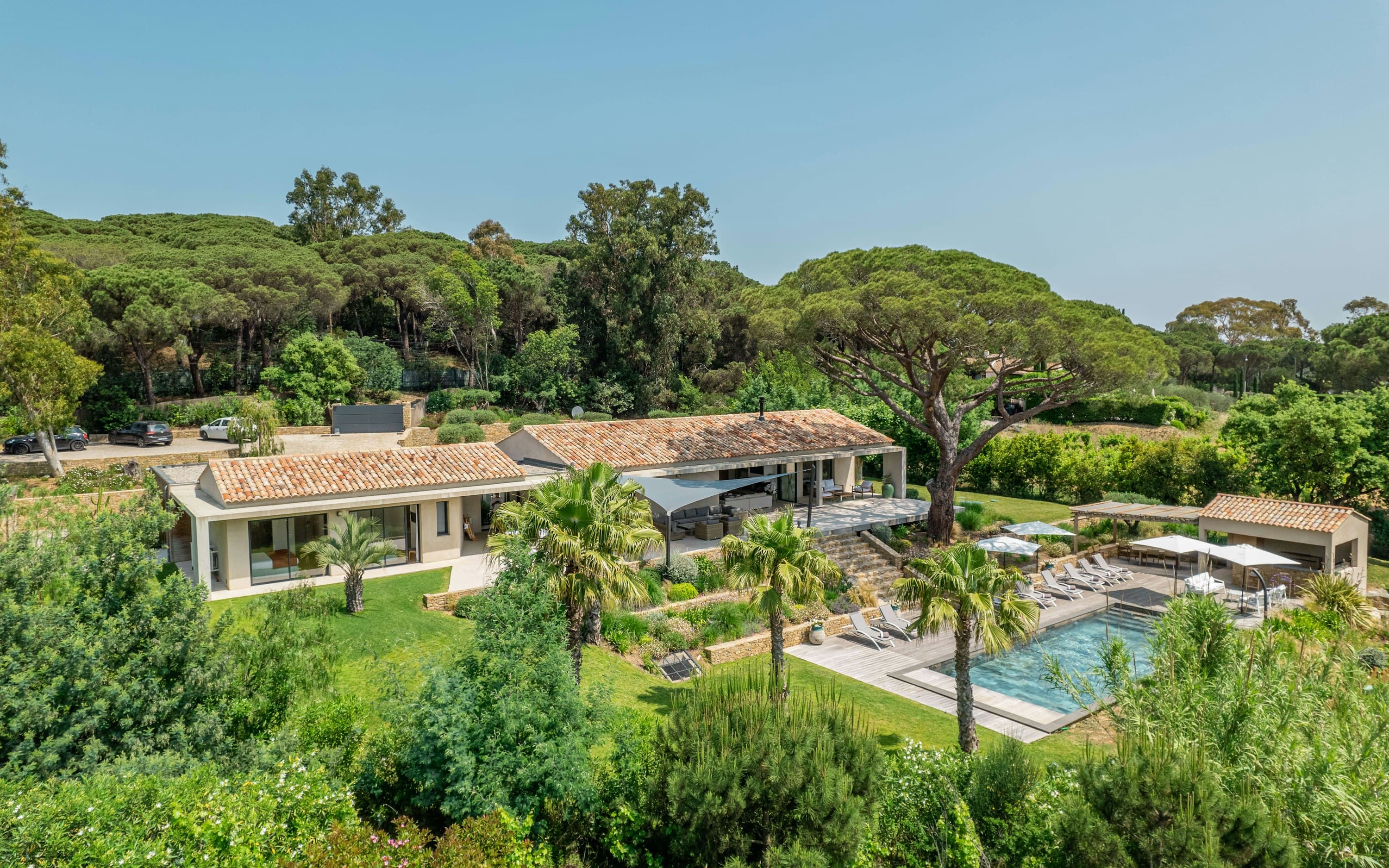 Paradise In Provence villa aerial view with terracotta roof and infinity pool, Gassin, France
