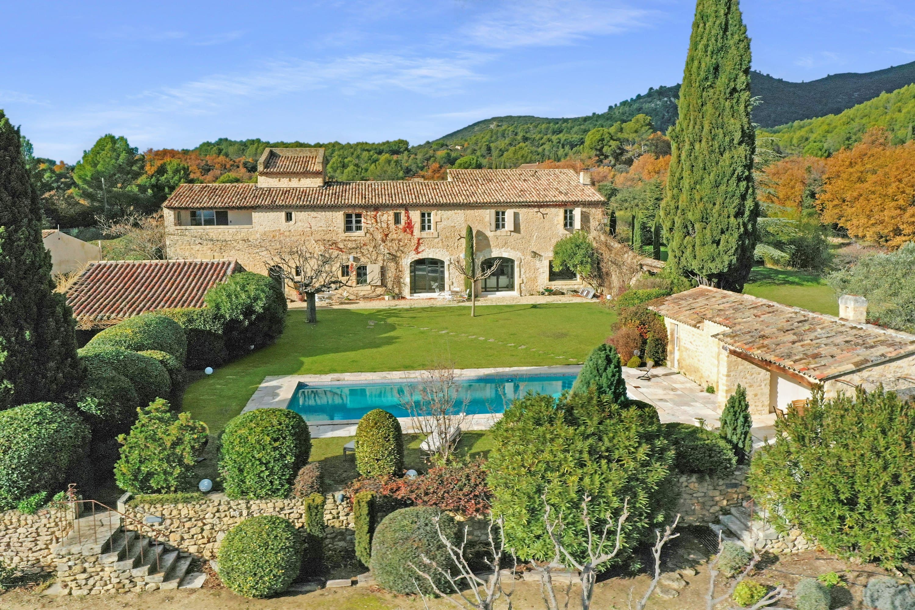 Serene Estate aerial view with pool and sculptural gardens, Mallemort, Provence, France