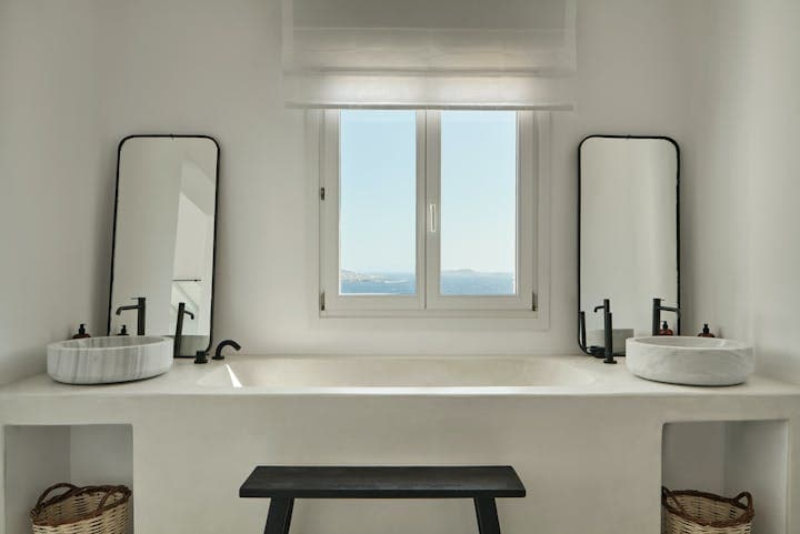 Bohemian Bay Retreat master bathroom with sea views, Mykonos, Cyclades Islands, Greece