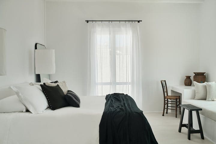 Bohemian Bay Retreat master bedroom with Cycladic design, Mykonos, Cyclades Islands, Greece