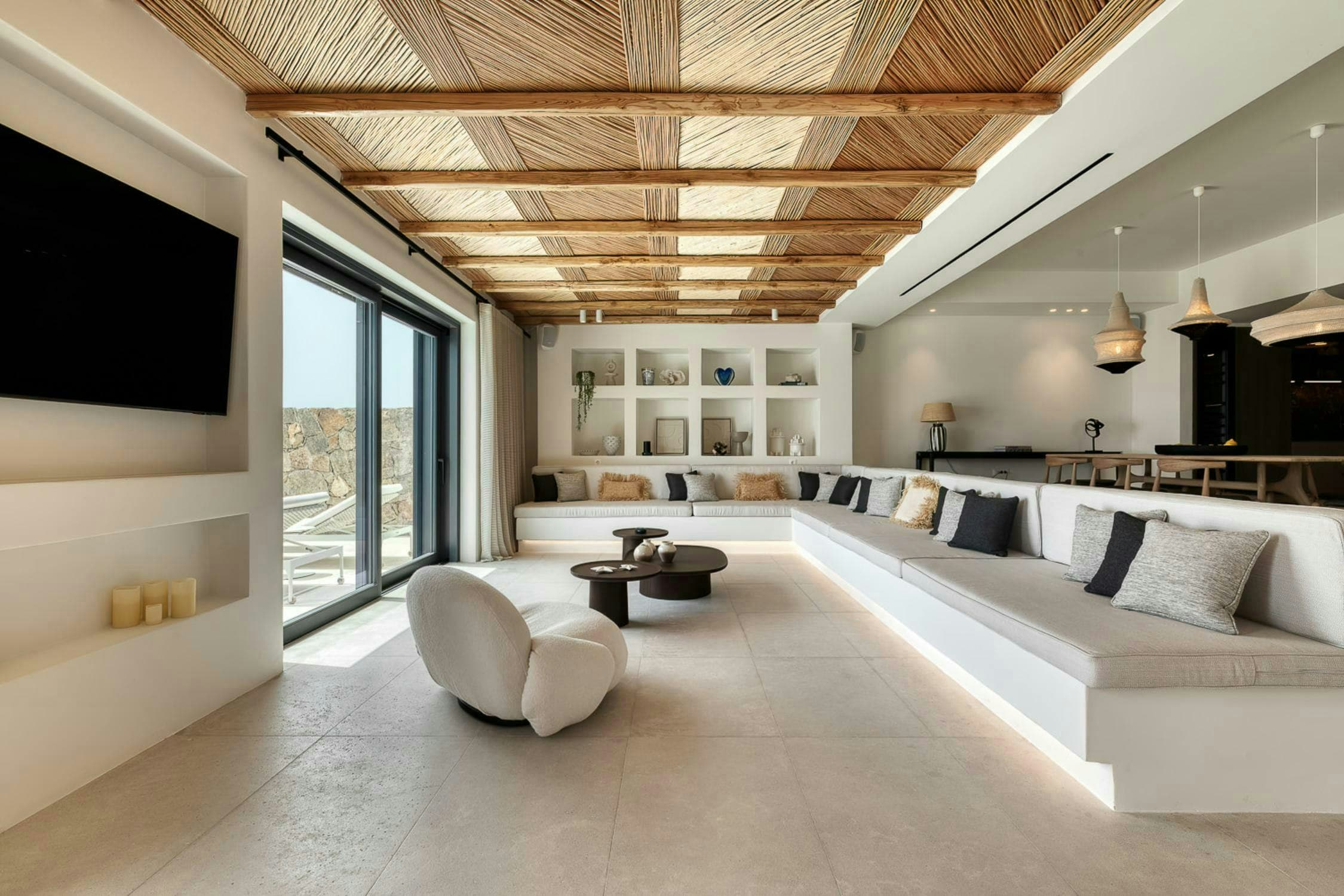 Heavenly Joy villa contemporary living room with traditional beamed ceiling, Mykonos, Greece