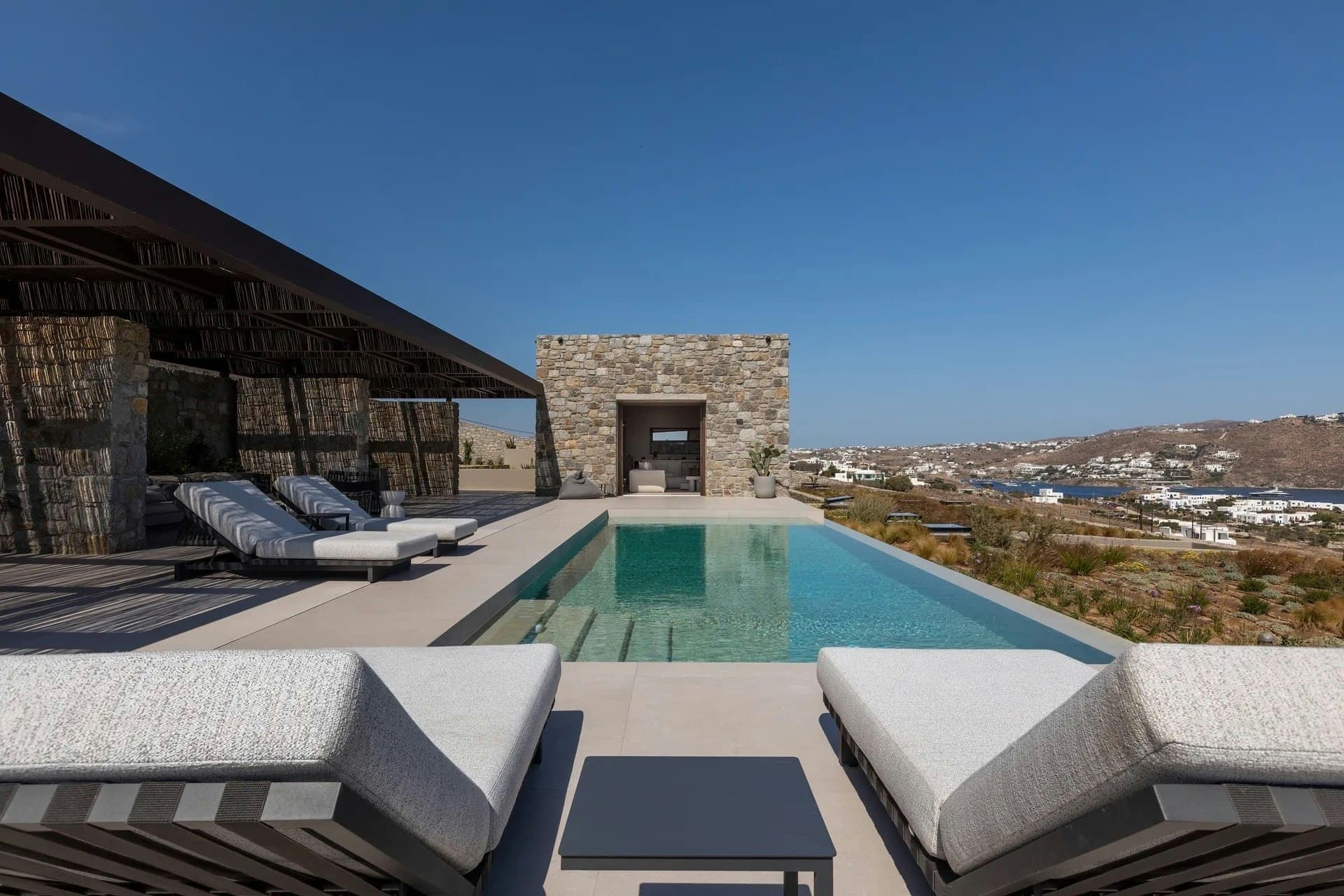 Indigo Light villa infinity pool and terrace overlooking Mykonos town, Cyclades Islands, Greece