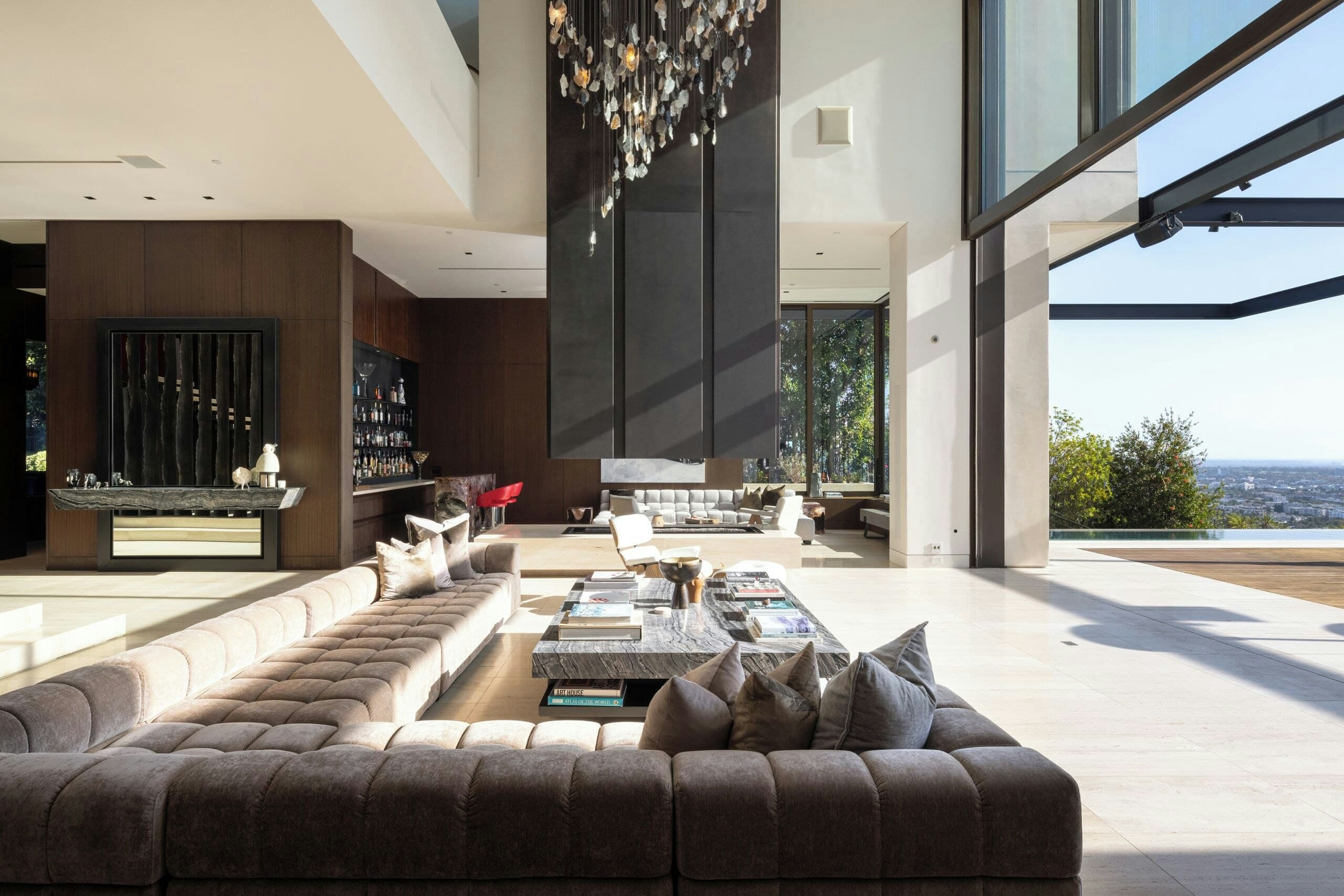 Hollywood Love living room with double-height ceilings and terrace access, Los Angeles, California