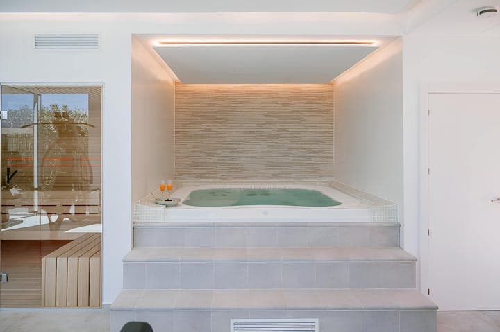 Ibiza Wellness spa jacuzzi with ambient lighting, Santa Gertrudis de Fruitera, Spain