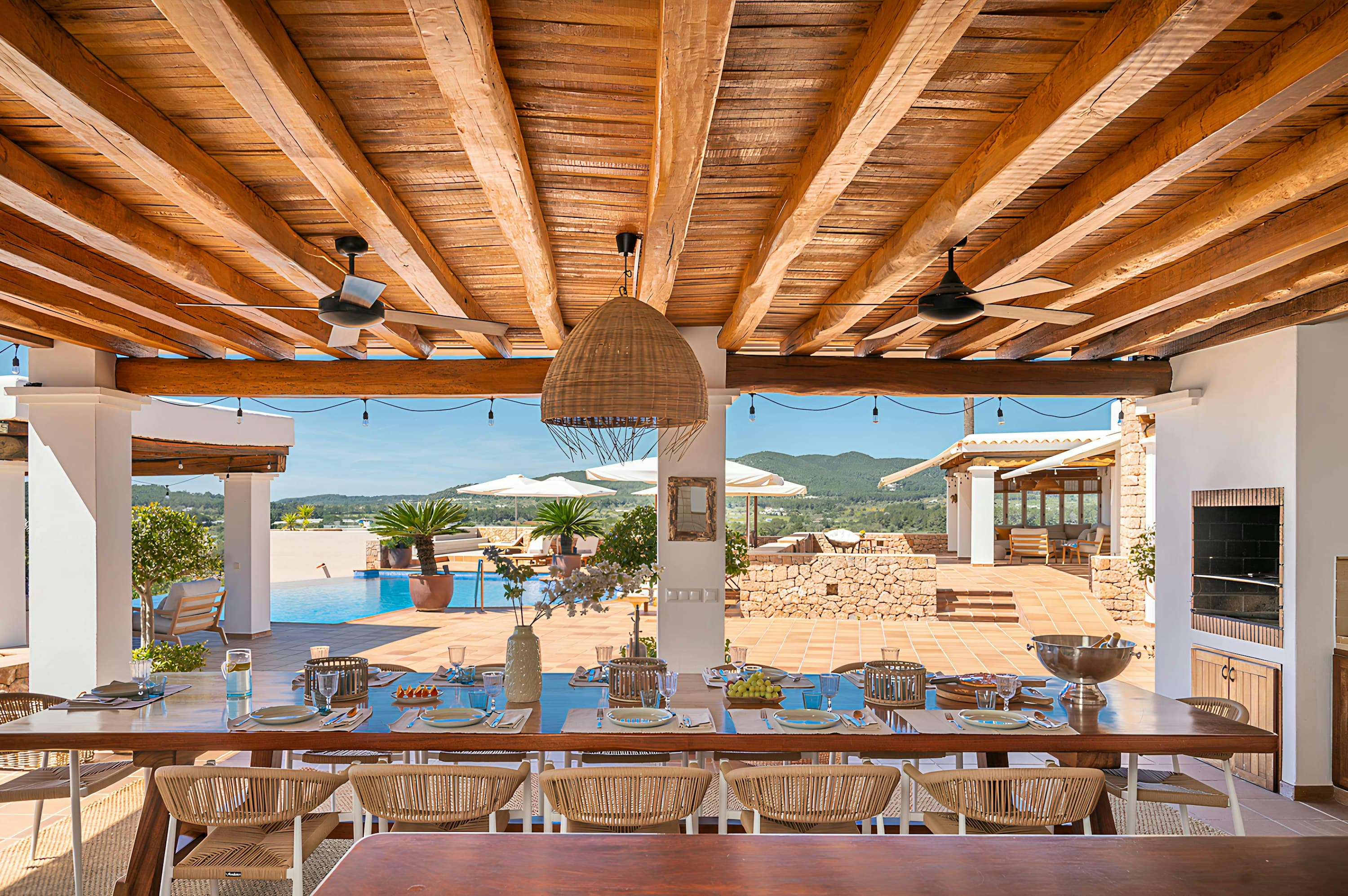 Ibiza Wellness outdoor dining terrace overlooking pool, Santa Gertrudis de Fruitera, Spain