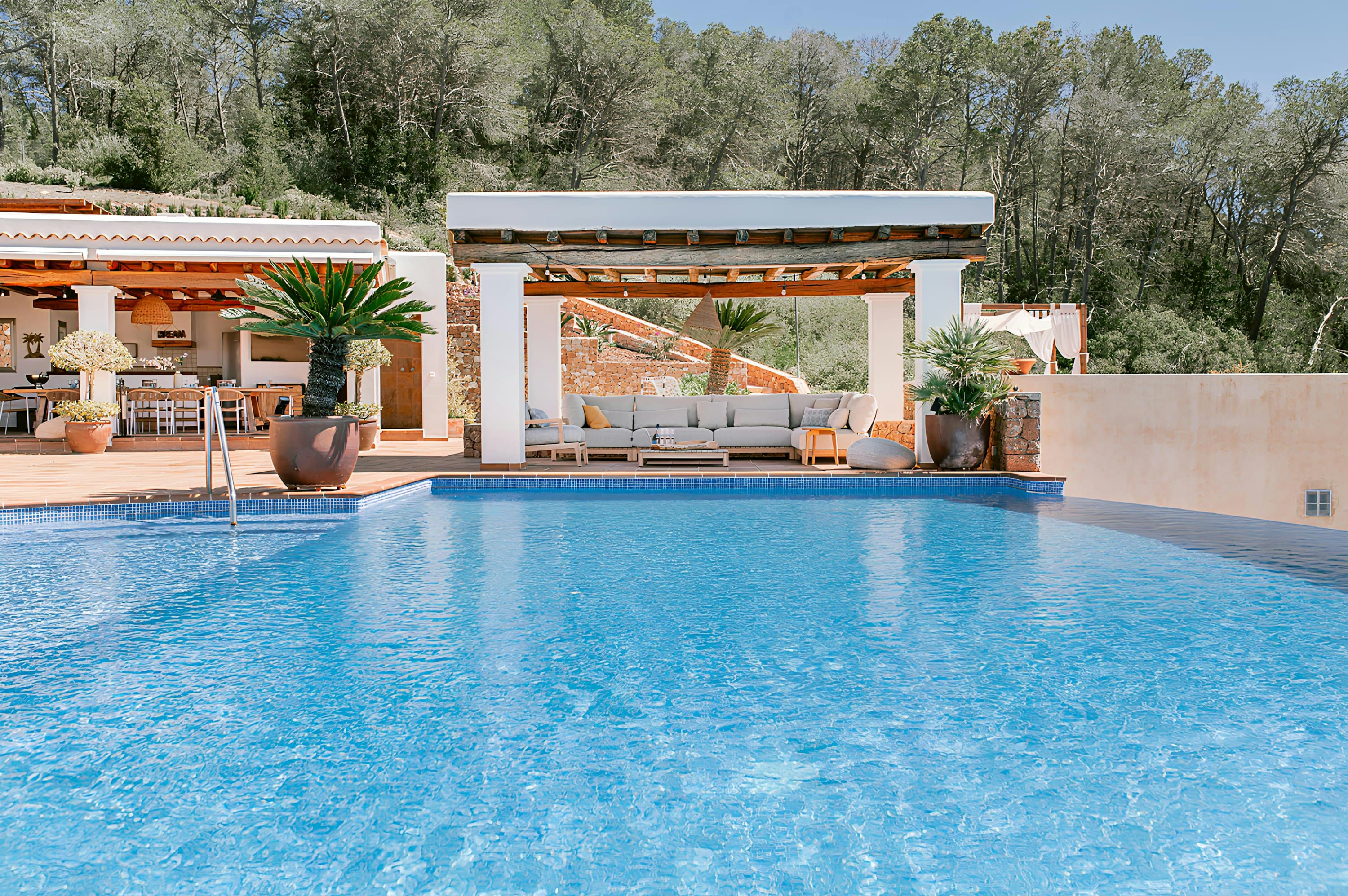 Ibiza Wellness villa exterior with infinity pool and pergola, Santa Gertrudis de Fruitera, Spain