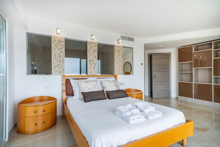 The Pearl of Cap d'Antibes master bedroom interior, Antibes, French Riviera, France