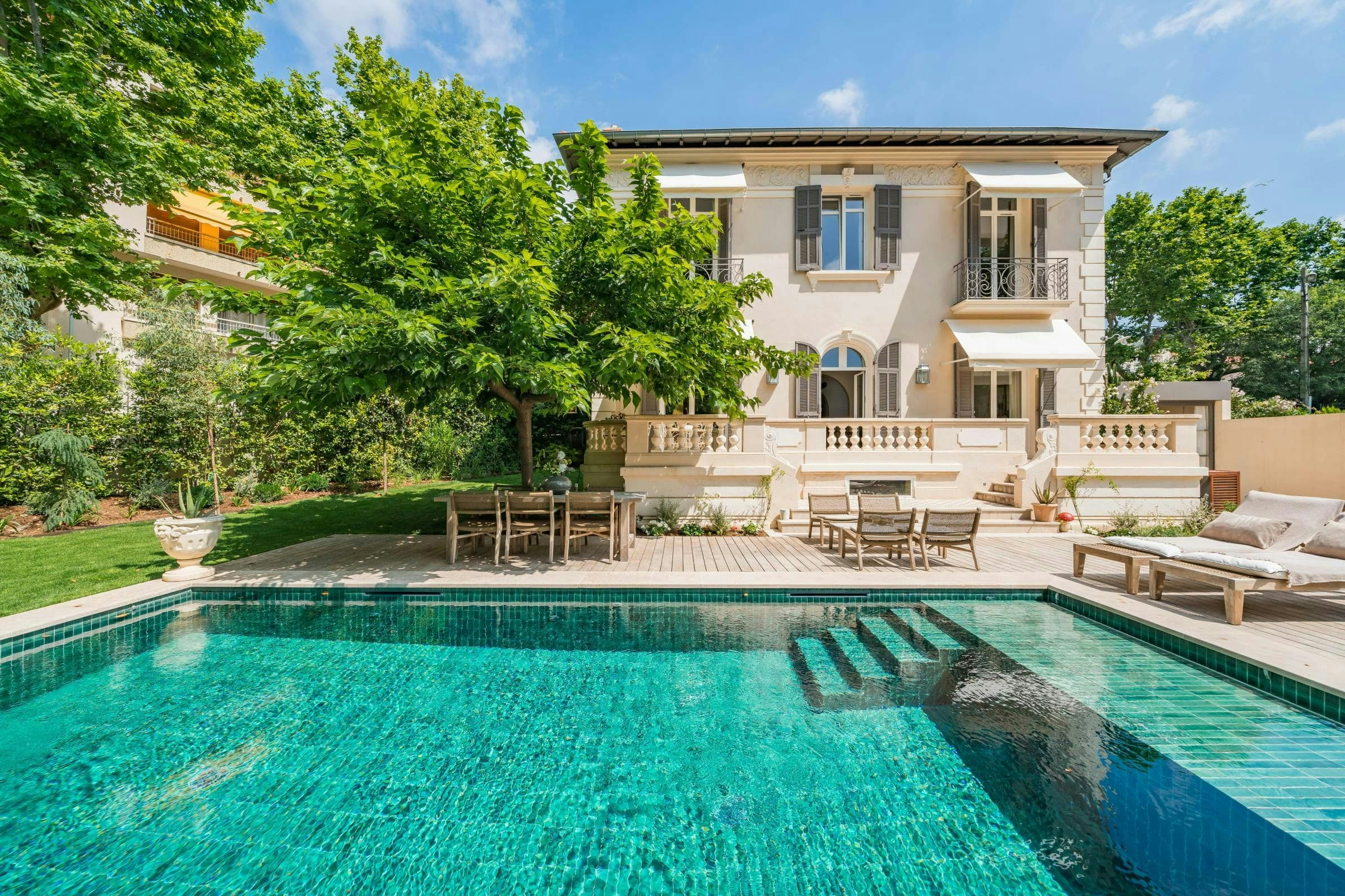 Cannes Hillside Haven villa exterior with turquoise pool and terrace, Cannes, French Riviera, France