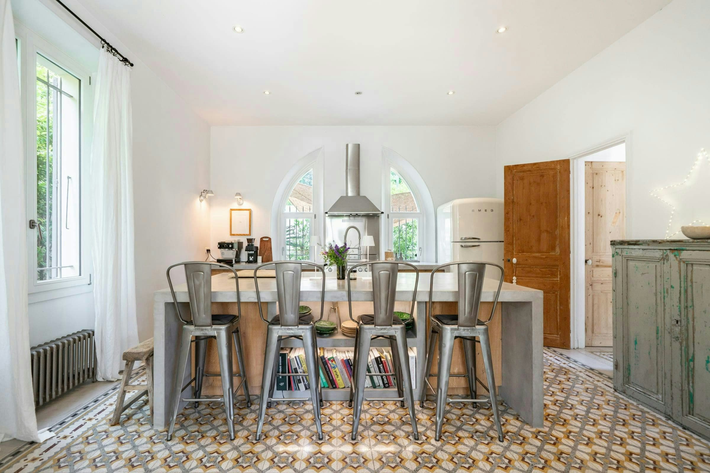 Cannes Hillside Haven kitchen with patterned tiles and breakfast bar, Cannes, French Riviera, France