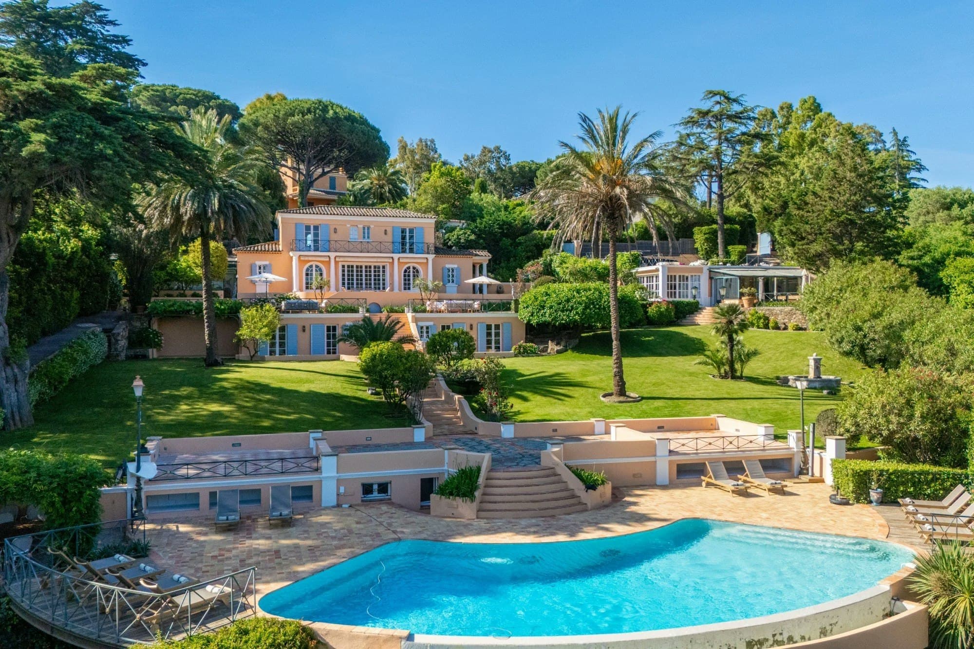 South Sea Bliss villa exterior with terraced pool and gardens, Saint-Tropez, French Riviera, France